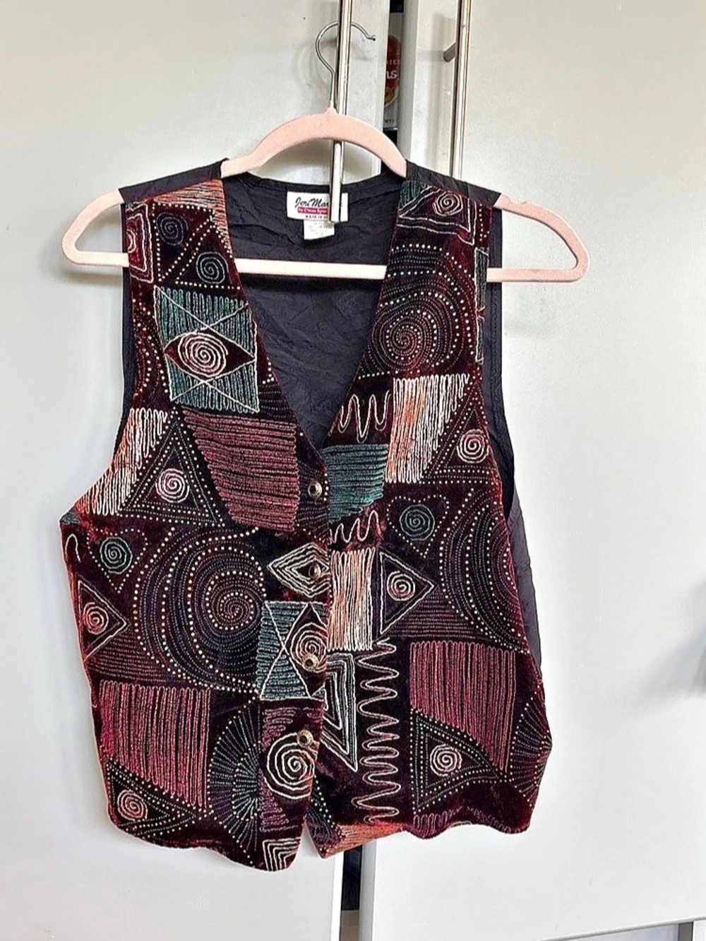 Vintage Joni Marque Geometric Pattern Vest in Black & Red Size 14
